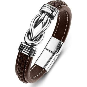 Mens Leather Bracelet Braided Wristband with Stainless Steel Clasp Jewelry Gift